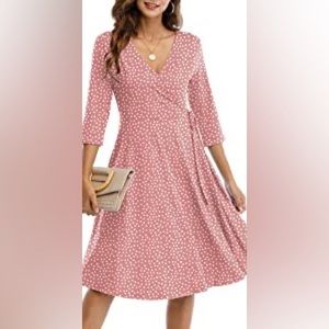 Pink with white polka dots, 3/4 sleeve dress, size large, wrap front, spring